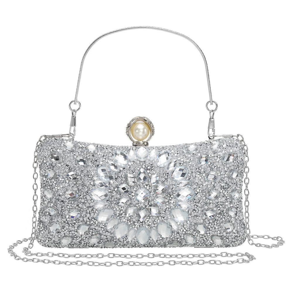 Uxcell Sparkly Crystal Rhinestone Evening Clutch for Women (Silver)